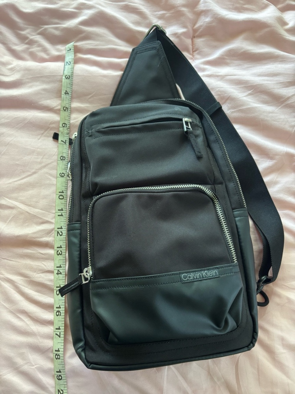Calvin Klein Black Men's Sling Bag with Silver Zippers - Picture 6 of 8